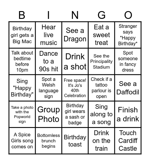 Jo's 40th Birthday Bingo Card