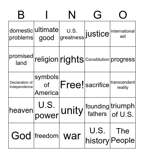 Civil Religion Bingo Card