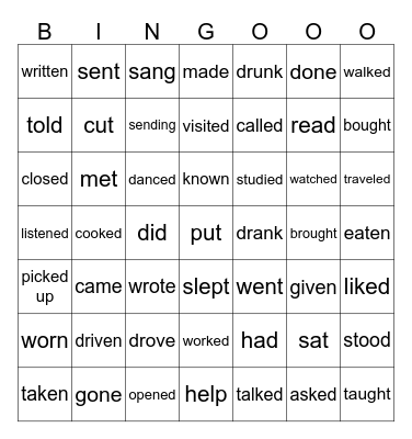 Verbs Bingo Card