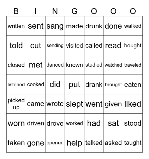 Verbs Bingo Card