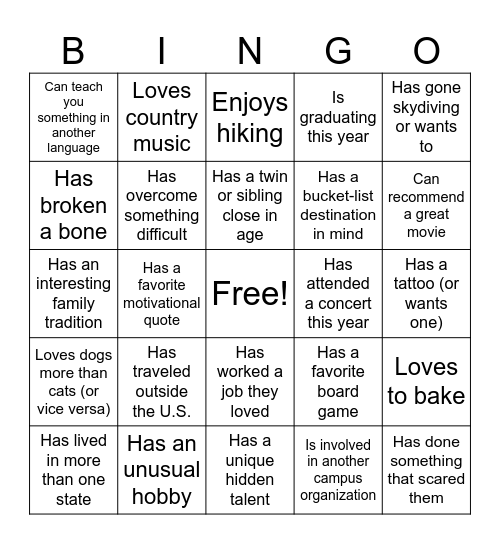 Camp Mix & Mingle Bingo Card
