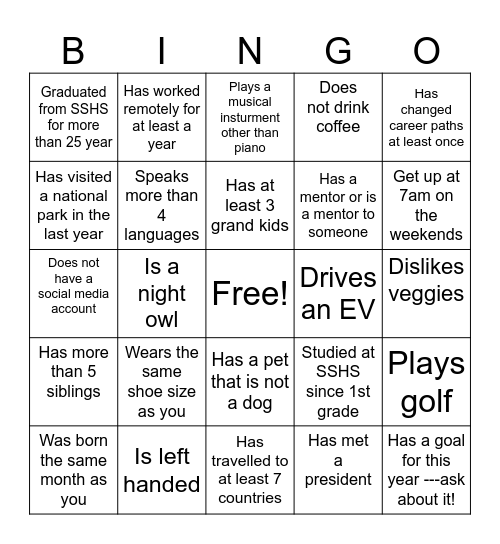 SSHS BINGO Card