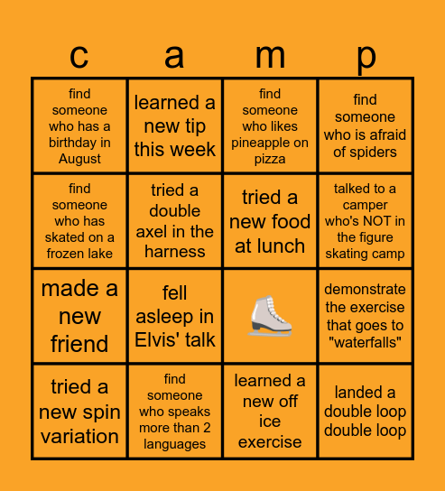 Camp Ridley Figure Skating Bingo Card