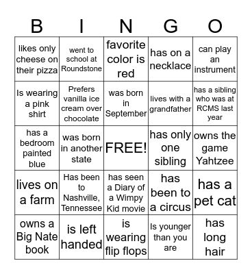 Get to know each other Bingo Card