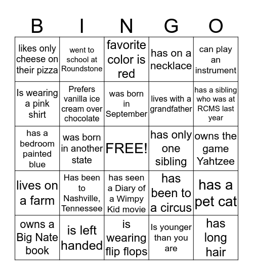 Get to know each other Bingo Card