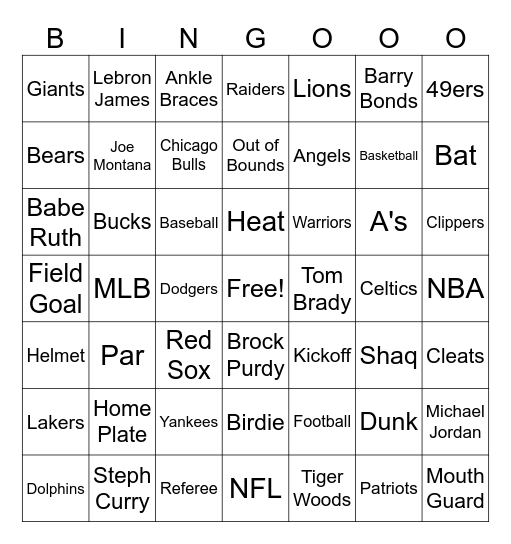 Sports Bingo Card