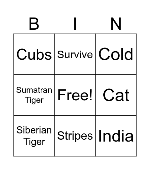 Tiger Bingo Card
