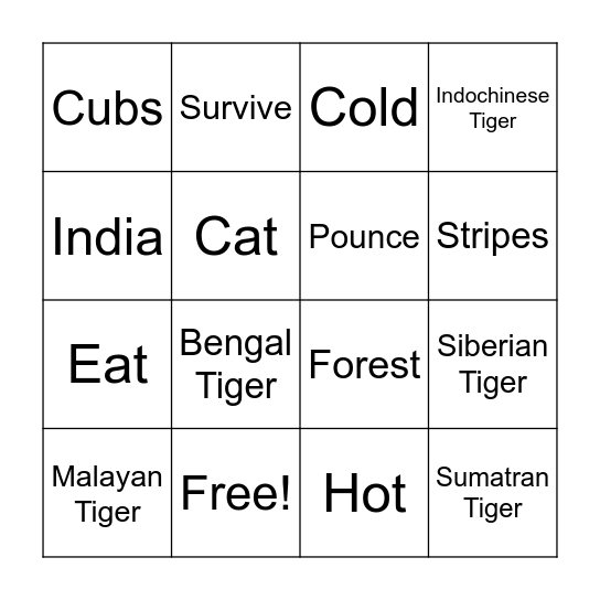 Tiger Bingo Card