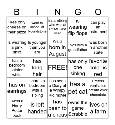 Get to know each other Bingo Card