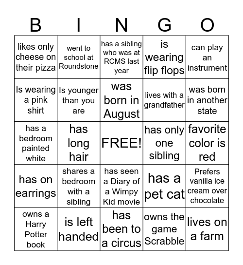 Get to know each other Bingo Card