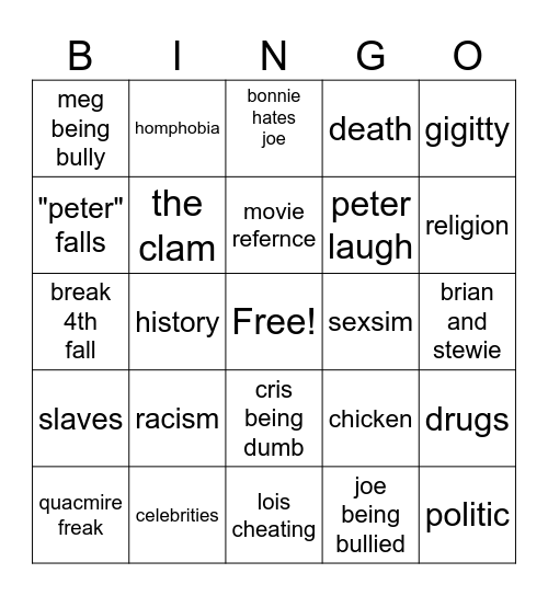 FAMILY GUY Bingo Card
