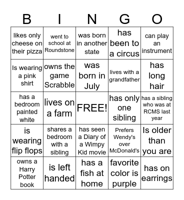 Get to know each other Bingo Card