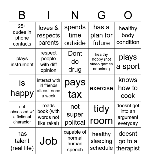 normal human bingo Card