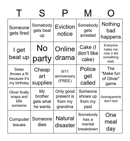 Oliver’s Silly Bingo Card