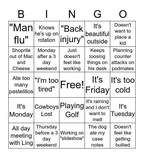 Keith's Absent Bingo Card