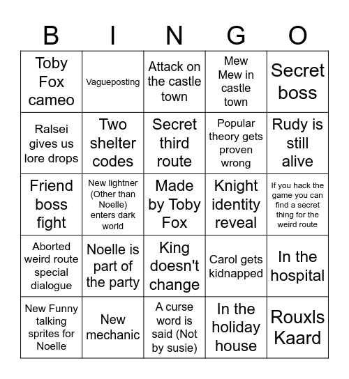 Deltarune chapter 6 bingo Card