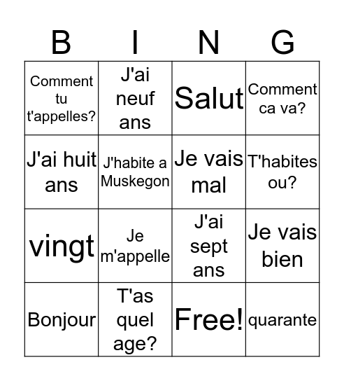 Easy Expressions Bingo Card