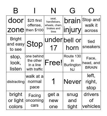 Bike Safety Bingo Card