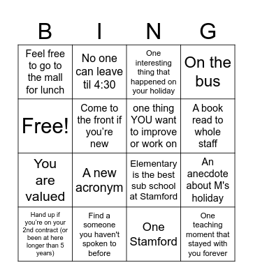 We're Back! Bingo Card