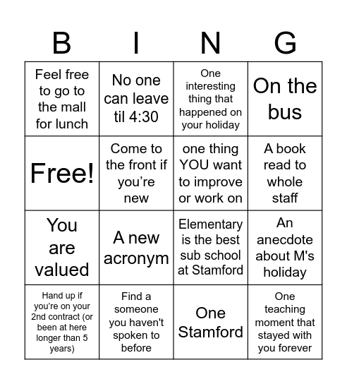 We're Back! Bingo Card