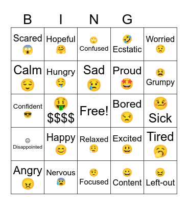 Feelings and emotions. Bingo Card
