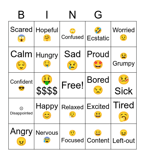 Feelings and emotions. Bingo Card