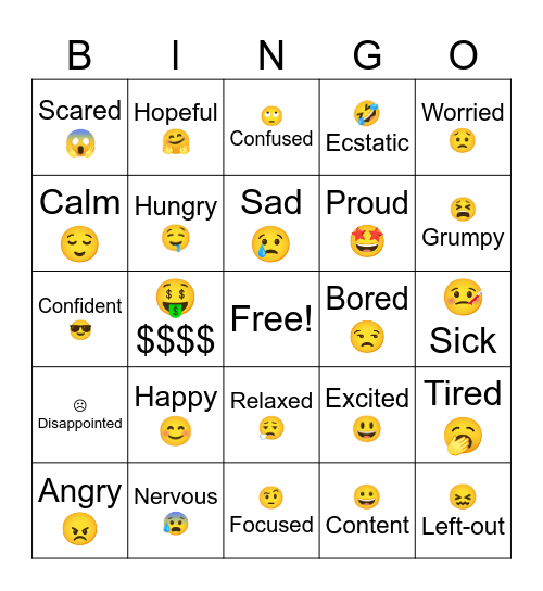 Feelings and emotions. Bingo Card