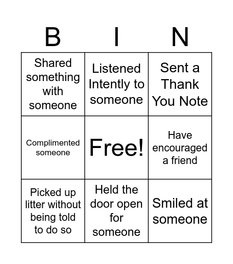 Kindness Bingo Card