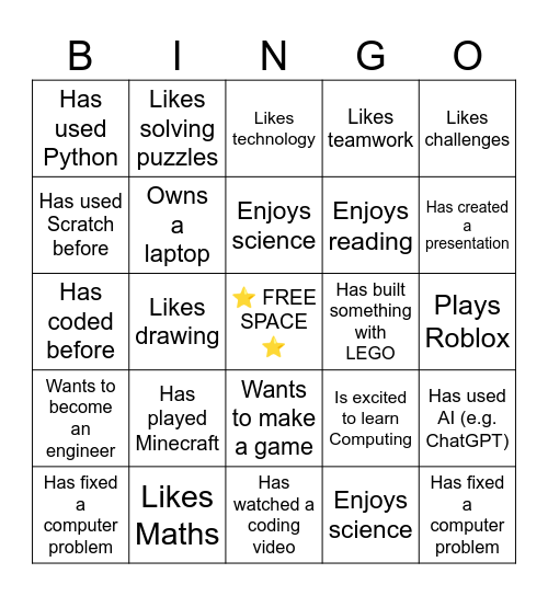 Computing Class Bingo Card