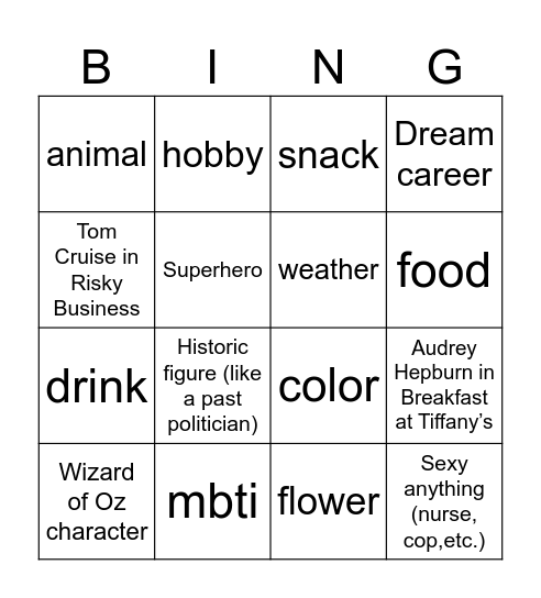 Costume Bingo Card