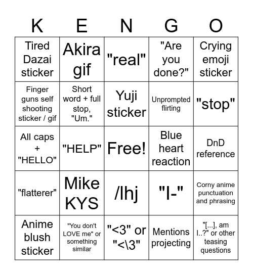Kenngo Bingo Card