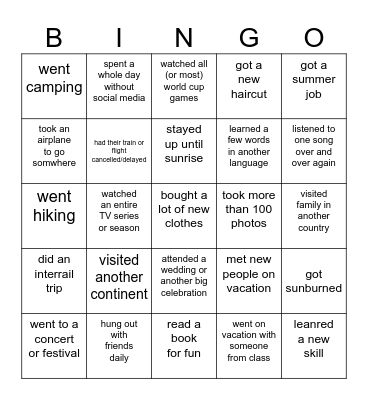 After Summer Break BINGO Card