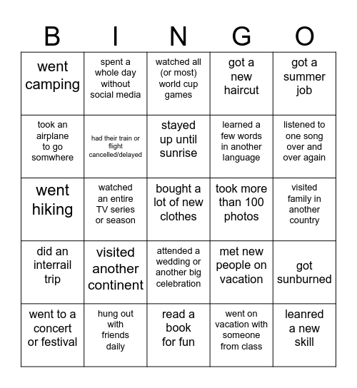 After Summer Break BINGO Card