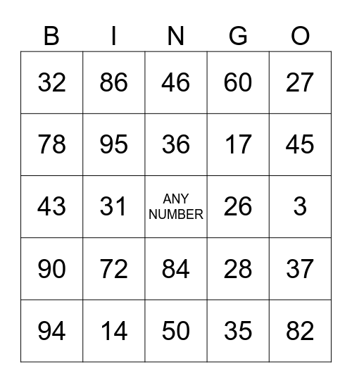 NUMBER BINGO! Bingo Card