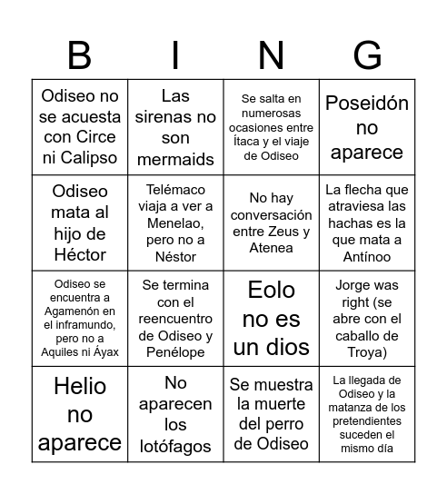 La Odisea Bingo Card