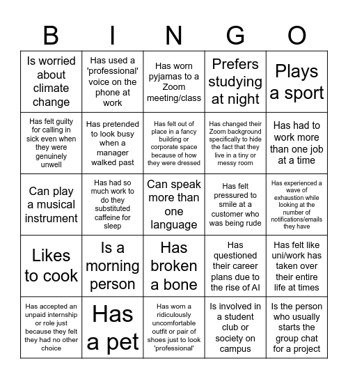 Life Experiences Bingo Card