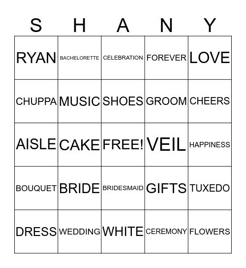 Shany's Bridal Bingo Card