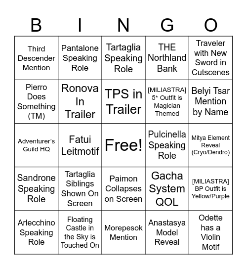 Genshin 7.0 Livestream Bingo Card
