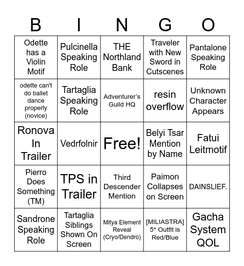 Genshin 7.0 Livestream Bingo Reiya Bingo Card