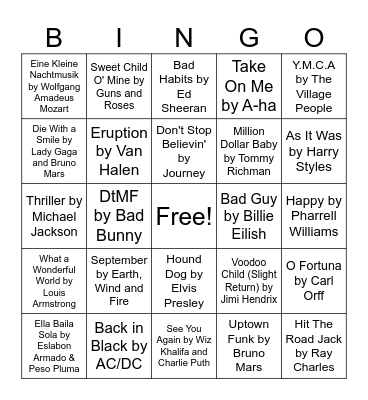 Musical Bingo Card