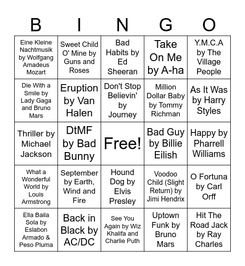 Musical Bingo Card