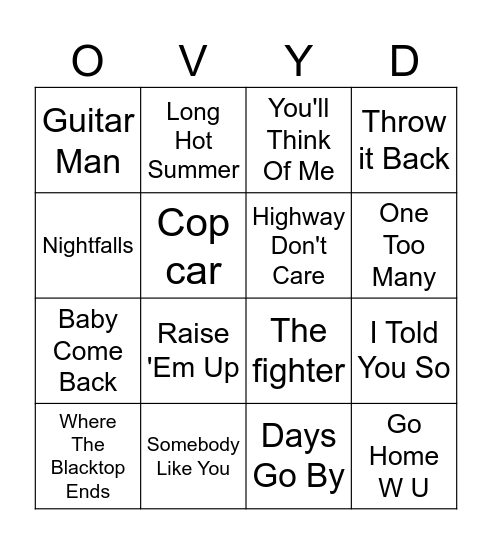 c* Keith Urban Bingo Card