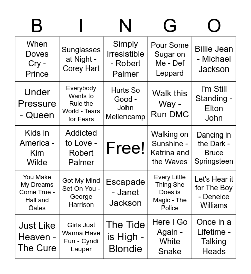 80s Summer Grooves Bingo Card