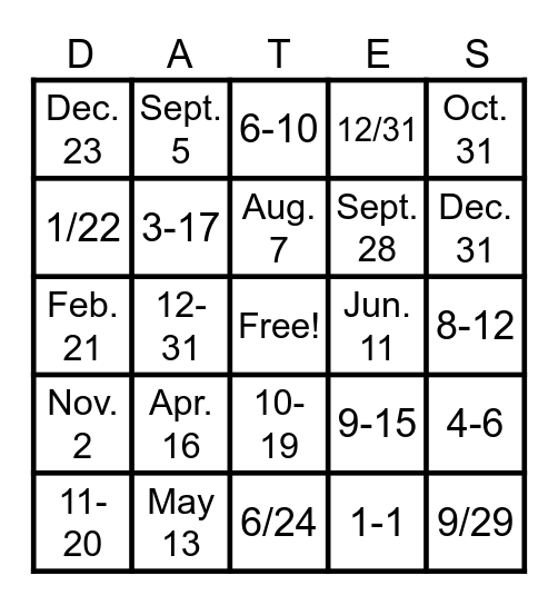 WHEN? CALENDAR DATES Bingo Card