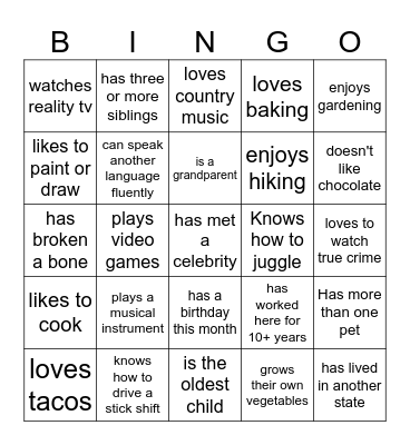 Get to Know You Bingo Card