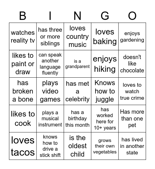 Get to Know You Bingo Card