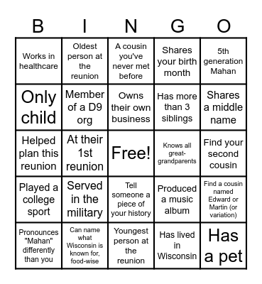 Mahan Family Bingo Card