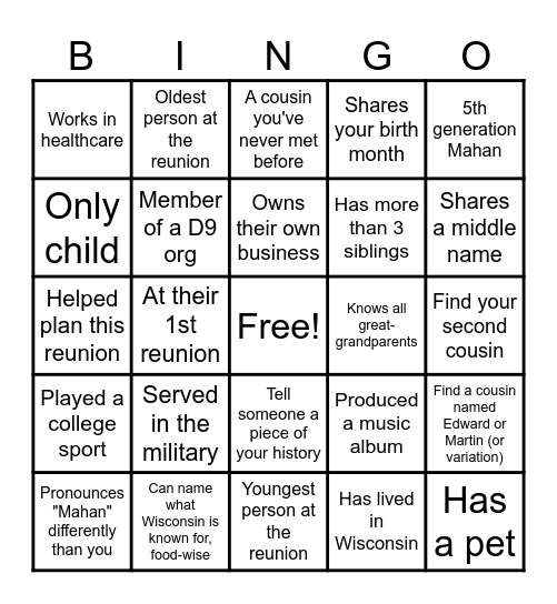 Mahan Family Bingo Card