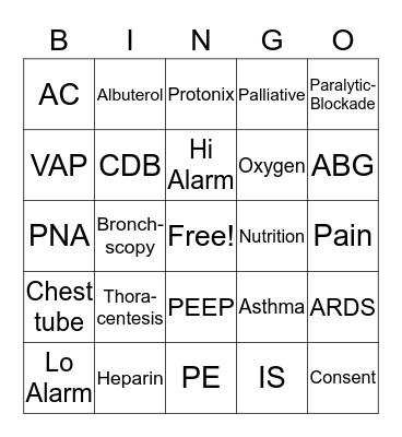 Pulmonary Bingo Card