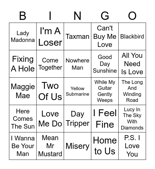 Five-0-Five Music Bingo - The Beatles 1 Bingo Card